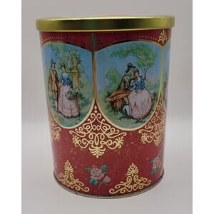 Mid Century Vintage Container / Red Gold Decorative Candy Tin / Made In England